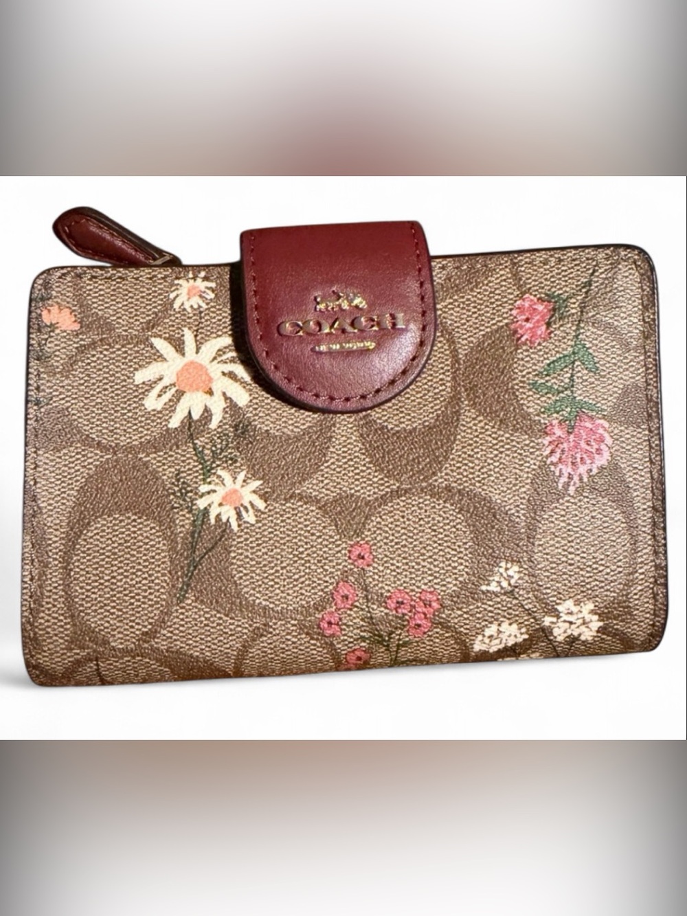 Coach Brown Signature Floral Compact Wallet with Pink and Cream Flowers